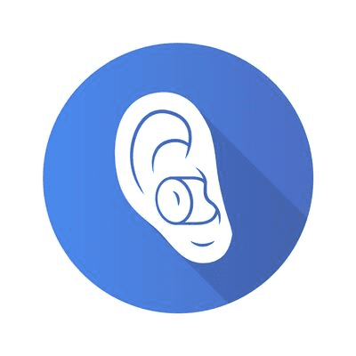 A ear with an ear plug in it in white and blue