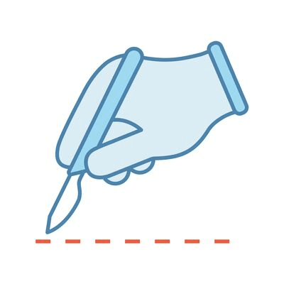 A scalpel follows a red dotted line with a person holding it